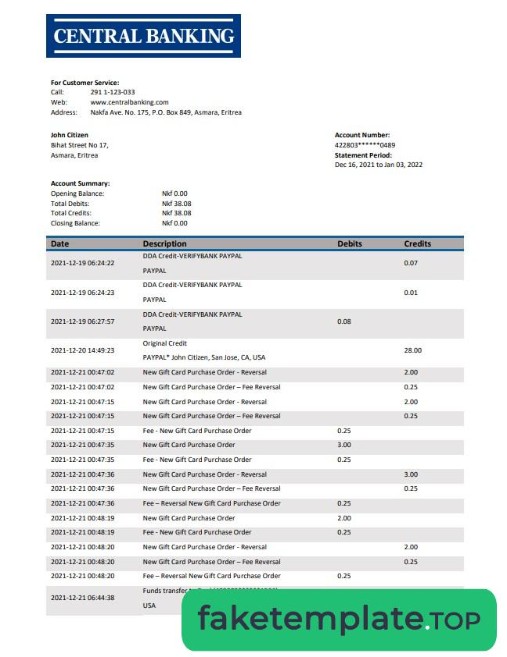 Feature of fake Eritrea Central Bank statement